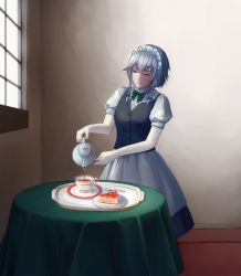Rule 34 | 1girl, bow, bowtie, braid, cup, closed eyes, facing viewer, fine art parody, food, fork, fruit, highres, indoors, inose (murphy), izayoi sakuya, maid, parody, pie, pouring, saucer, silver hair, solo, standing, strawberry, table, tablecloth, tea, teacup, teapot, the milkmaid, touhou, tray, window