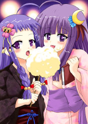 Rule 34 | 2girls, absurdres, ayase yue, book, cotton candy, crescent, crescent hair ornament, crescent moon, crossover, hair ornament, highres, japanese clothes, long hair, look-alike, mahou sensei negima!, moon, multiple girls, patchouli knowledge, purple eyes, purple hair, touhou, wrt