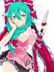 Rule 34 | 1girl, black nails, black skirt, bow, breasts, cleavage, commentary request, contrapposto, cowboy shot, dress, frilled ribbon, frills, front ponytail, gomashiopappa k, green eyes, green hair, hair between eyes, hair bow, hair ribbon, hand on own cheek, hand on own face, hands up, heart, highres, holding, holding knife, kagiyama hina, knife, large breasts, long hair, nail polish, petticoat, pink dress, red bow, red ribbon, ribbon, simple background, skirt, solo, touhou, white background, yandere