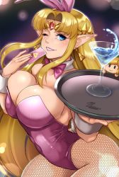 Rule 34 | 1boy, 1girl, alcohol, blonde hair, blue eyes, breasts, cleavage, cup, drinking glass, fishnet pantyhose, fishnets, grin, highres, large breasts, leotard, link, long hair, looking at viewer, nintendo, one eye closed, pantyhose, pointy ears, princess zelda, rabbit ears, smile, super smash bros., the legend of zelda, the legend of zelda: a link between worlds, thighs, tiara, triforce earrings, wine, wine glass, wink