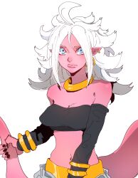 Rule 34 | 1girl, absurdres, android 21, bandeau, bare shoulders, black tube top, blue eyes, bracelet, breasts, cleavage, closed mouth, colored skin, detached sleeves, dragon ball, earclip, earrings, flipped hair, highres, holding own tail, hoop earrings, isaacchief300, jewelry, long hair, looking at viewer, majin android 21, medium breasts, midriff, navel, neck ring, necklace, pink skin, pointy ears, simple background, solo, strapless, tail, tube top, upper body, white background, white hair