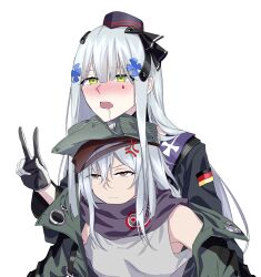 Rule 34 | 2girls, absurdres, anger vein, black jacket, blue headwear, blunt bangs, blush, brown eyes, chin rest, commentary, commission, cross hair ornament, drooling, drunk, english commentary, facial mark, g11 (girls&#039; frontline), german flag, girls&#039; frontline, green eyes, green headwear, green jacket, grey hair, grey tank top, hair between eyes, hair ornament, head on head, head rest, highres, hk416 (girls&#039; frontline), hk416 (mod3) (girls&#039; frontline), jacket, long hair, long sleeves, multiple girls, open mouth, simple background, suprii, tank top, two-tone gloves, v, white background, white hair