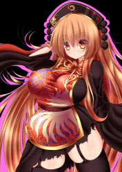 Rule 34 | 1girl, black background, black dress, black thighhighs, breasts, brown hair, chinese clothes, covered erect nipples, curvy, dress, expressionless, garter straps, hat, huge breasts, junko (touhou), long hair, long sleeves, looking at viewer, mature female, moura (kenyuugetu), obi, plump, red eyes, ribbon, sash, sidelocks, simple background, skindentation, solo, tabard, taut clothes, thick thighs, thighhighs, thighs, torn clothes, torn dress, touhou, very long hair, wide hips, wide sleeves, yellow eyes