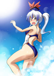 Rule 34 | 1girl, alternate hairstyle, ass, blush, brown eyes, competition swimsuit, hat, kamishirasawa keine, kousei (public planet), one-piece swimsuit, open mouth, ponytail, silver hair, solo, swimsuit, touhou, wavy mouth