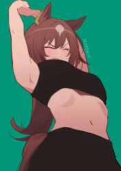 Rule 34 | 1girl, animal ears, armpits, arms up, breasts, brown hair, closed eyes, closed mouth, crop top, ear ornament, green background, hair between eyes, highres, horse ears, horse girl, horse tail, long hair, medium breasts, midriff, mukakin, multicolored hair, navel, simple background, sirius symboli (umamusume), solo, sports bra, stomach, tail, umamusume, white hair