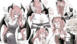 Rule 34 | 1boy, 1girl, absurdres, bat wings, black thighhighs, blush, grabbing another&#039;s breast, breasts, cleavage, closed mouth, cropped legs, cum, cum in pussy, finger in another&#039;s mouth, grabbing, half-closed eyes, hand up, head wings, hetero, highres, koakuma, lactation, large breasts, multiple views, off shoulder, pale skin, panties, panty pull, pointy ears, rushigi0, sex, sex from behind, simple background, slit pupils, smile, thighhighs, touhou, underwear, upper body, white background, wings