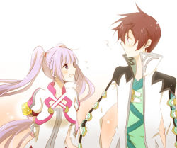 Rule 34 | 1boy, 1girl, ?, alternate costume, arm behind back, asbel lhant, bouquet, brown hair, coat, cropped jacket, flower, long hair, lowres, official alternate costume, purple hair, rose, satsu, smile, sophie (tales), tales of (series), tales of graces, twintails, yellow flower, yellow rose
