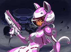 Rule 34 | 1girl, animal ears, bad id, bad pixiv id, bodysuit, breasts, cat ears, cat tail, gloves, gun, handgun, helmet, large breasts, looking at viewer, mecha, open mouth, original, red eyes, red hair, robot, rohitsuka, solo, spacesuit, tail, weapon