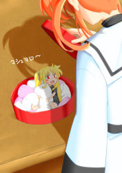 Rule 34 | 00s, 2girls, blonde hair, blush, brown hair, chibi, fate testarossa, food, from behind, holding, in container, looking down, lyrical nanoha, mahou shoujo lyrical nanoha, marshmallow, mini person, minigirl, multiple girls, nanagare, hugging object, orange hair, red eyes, red hair, school uniform, shadow, table, takamachi nanoha, twintails