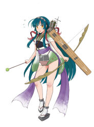 Rule 34 | 1girl, ahoge, arrow (projectile), blue hair, blush, bow (weapon), commentary request, flying sweatdrops, furisode, hairband, holding, holding arrow, holding bow (weapon), holding weapon, japanese clothes, kantai collection, kimono, kimutomo 2, long hair, looking at viewer, muneate, okobo, open mouth, parody, purple sash, rigging, sandals, sash, short kimono, sidelocks, simple background, sleeves pushed up, socks, solo, standing, standing on one leg, tasuki, touhoku zunko, voiceroid, weapon, white background, white socks, wide sleeves, yellow eyes