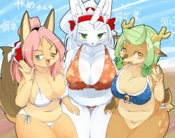 Rule 34 | 3girls, :3, animal ear fluff, animal ears, animal nose, antlers, bare shoulders, belly, bikini, blue background, blue bikini, blue eyes, blush, body fur, borrowed character, breasts, bright pupils, brown fur, character name, cleavage, closed mouth, collarbone, cowboy shot, crescent, deer ears, deer tail, derivative work, earrings, facial mark, fangs, female focus, folded ponytail, forked eyebrows, fox ears, fox girl, fox tail, frilled bikini, frilled ribbon, frills, furry, furry female, green eyes, green hair, green ribbon, hair ribbon, hair tie, hand on another&#039;s shoulder, hand on another&#039;s thigh, hand up, happy, headband, high ponytail, highres, horns, izuha (kame (3t)), japanese text, jewelry, large breasts, leaning forward, lets0020, light blush, long hair, looking at viewer, multicolored fur, multiple girls, navel, one eye closed, open mouth, orange bikini, original, outline, parted bangs, pink hair, plump, print bikini, red headband, red ribbon, reindeer antlers, reindeer girl, ribbon, shide, side-tie bikini bottom, sidelocks, single earring, skindentation, smile, snout, split mouth, spotted fur, standing, star (symbol), star print, stomach, straight-on, swept bangs, swimsuit, tail, tail raised, thick thighs, thighs, translated, v-shaped eyebrows, w, waving, white bikini, white fur, white hair, white pupils, wink, yellow eyes, yellow fur, yomi (kame (3t)), yuzuki (kame (3t))
