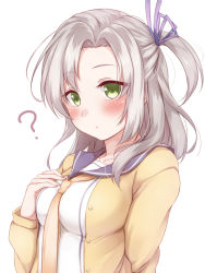 Rule 34 | 1girl, ?, asymmetrical bangs, blue sailor collar, blush, breasts, brown jacket, brown neckwear, closed mouth, commentary request, green eyes, grey hair, hair ribbon, hand on own chest, hand up, highres, hitotsuki no yagi, jacket, kantai collection, kinugasa (kancolle), long hair, long sleeves, looking away, medium breasts, one side up, open clothes, open jacket, purple ribbon, ribbon, sailor collar, shirt, simple background, solo, white background, white shirt
