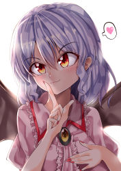 Rule 34 | 1girl, absurdres, backlighting, bat wings, black wings, blouse, brooch, center frills, closed mouth, collared shirt, commentary request, finger to mouth, fingernails, frilled shirt collar, frills, hair between eyes, hand on own chest, head tilt, heart, highres, index finger raised, jewelry, looking at viewer, mahoro (minase mahoro), medium hair, nail polish, no headwear, orange eyes, pink shirt, puffy short sleeves, puffy sleeves, purple hair, red nails, remilia scarlet, sharp fingernails, shirt, short sleeves, simple background, smile, solo, spoken heart, touhou, upper body, white background, wings, yellow brooch