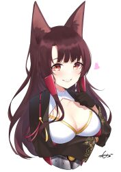 Rule 34 | 1girl, akagi (azur lane), animal ear fluff, animal ears, azur lane, black gloves, black kimono, blush, breasts, brown hair, cleavage, cleavage cutout, clothing cutout, cropped torso, eyeliner, fox ears, fox girl, gloves, hand up, heart, highres, japanese clothes, kimono, large breasts, lips, long hair, long sleeves, looking at viewer, mocacoco339, open mouth, red eyeliner, red eyes, signature, simple background, smile, solo, white background
