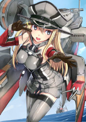 Rule 34 | 10s, 1girl, :d, akasaai, battleship, bismarck (kancolle), bismarck kai (kancolle), blonde hair, blue eyes, breasts, detached sleeves, gloves, grey thighhighs, hat, highres, kantai collection, long hair, machinery, medium breasts, military, military uniform, military vehicle, open mouth, outstretched hand, peaked cap, ship, smile, solo, thighhighs, uniform, v, v over eye, warship, watercraft