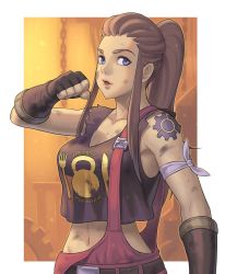 Rule 34 | 1girl, blue eyes, brigitte (overwatch), brown hair, dirty, dirty clothes, dirty face, fingerless gloves, gloves, long hair, looking at viewer, midriff, navel, noppo (tarstation), open mouth, overwatch, overwatch 1, solo, sweat, tank top