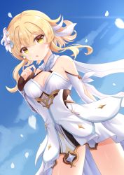 Rule 34 | 1girl, arm guards, blonde hair, blue sky, blurry, breasts, cleavage, cloud, cloudy sky, commentary request, depth of field, detached sleeves, dress, flower, genshin impact, hair between eyes, hair flower, hair ornament, highres, hiyada yuu, looking at viewer, lumine (genshin impact), parted lips, petals, scarf, short hair, short hair with long locks, sidelocks, sky, solo, sunlight, white dress, white scarf, wind, yellow eyes