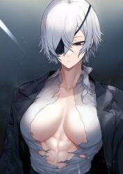 Rule 34 | 1girl, abs, breasts, brown eyes, chainsaw man, cleavage, expressionless, eyepatch, hair between eyes, highres, jacket, large breasts, muscular, muscular female, quanxi (chainsaw man), shirt, short hair, solo, toned, torn clothes, tresmarrow, white hair, white shirt