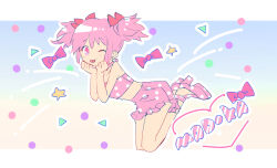 Rule 34 | 1girl, :p, aqua background, bare arms, bare shoulders, blush, character name, clenched hands, earrings, frilled skirt, frills, gradient background, hair between eyes, hair ribbon, hands on own chin, heart, high heels, jewelry, kaname madoka, looking at viewer, mahou shoujo madoka magica, mahou shoujo madoka magica (anime), midriff, no nose, one eye closed, outline, pink eyes, pink footwear, pink ribbon, pink skirt, pipi o (pipioo08), polka dot, polka dot background, polka dot footwear, polka dot skirt, ribbon, sidelocks, simple background, skirt, solo, star (symbol), starry background, strapless, tongue, tongue out, triangle, tube top, white background, white outline