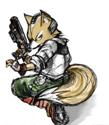 Rule 34 | 1boy, fox mccloud, furry, furry male, gloves, gun, male focus, nintendo, sketch, solo, star fox, tail, weapon
