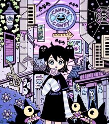 Rule 34 | 1girl, air conditioner, animal, arm at side, arrow (symbol), bat (animal), black dress, black hair, blue eyes, blush stickers, bright pupils, bug, building, bush, candy, closed mouth, clothes writing, commentary request, cowboy shot, creature, door knocker, dot nose, drainpipe, dress, drooling, flower, food, food bite, garouma, ghost, hand up, highres, hitodama, holding, holding candy, holding food, holding lollipop, industrial pipe, lantern, layered sleeves, lollipop, long sleeves, medium hair, original, outdoors, plant, short over long sleeves, short sleeves, sign, signature, silk, sleeves past fingers, sleeves past wrists, solo, spider, spider web, swirl lollipop, tongue, tongue out, two side up, vines, white pupils, window blinds