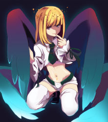 Rule 34 | 1boy, ajiko ajio, bad id, bad pixiv id, beatmania, beatmania iidx, blonde hair, finger to mouth, full body, halo, jewelry, long hair, male focus, mars symbol, midriff, multiple wings, navel, necklace, necktie, rche (beatmania), shorts, smile, solo, star (symbol), thighhighs, trap, white thighhighs, wings, zettai ryouiki