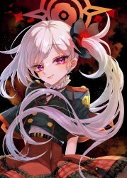 Rule 34 | 1girl, absurdres, black background, black jacket, blue archive, grey hair, highres, ichica m, jacket, looking at viewer, mutsuki (blue archive), purple eyes, red skirt, shirt, side ponytail, skirt, solo, twitter, white shirt