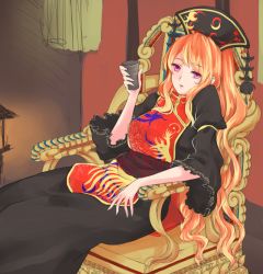 Rule 34 | 1girl, black dress, chinese clothes, crescent, cup, dress, hat, holding, holding cup, juliet sleeves, junko (touhou), long hair, long sleeves, looking at viewer, mayoln, orange hair, parted lips, pink eyes, puffy sleeves, sash, sitting, solo, tabard, throne, touhou, very long hair, wide sleeves