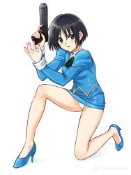 Rule 34 | 1girl, agent aika, aika (series), arms up, artist name, ascot, bad id, bad pixiv id, black ascot, black hair, blue delmo, blue delmo s, blue eyes, blue footwear, blue jacket, blue skirt, blush, breasts, cadomium, commentary request, crotch seam, delmo, delmogeny uniform, extra, full body, gun, high heels, highres, holding, holding gun, holding weapon, jacket, juliet sleeves, kneeling, legs, long sleeves, medium breasts, on one knee, panties, pantyshot, pencil skirt, puffy sleeves, shoes, simple background, skirt, solo, taut clothes, thighs, trigger discipline, underwear, uniform, weapon, white background, white panties