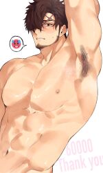 Rule 34 | 1boy, abs, armpit focus, armpit hair, armpits, bara, beard, completely nude, cross scar, facial hair, goburin second, groin, highres, large pectorals, long sideburns, male focus, muscular, muscular male, navel, nipples, nude, original, pectorals, presenting armpit, scar, scar on face, scar on forehead, shiny skin, short hair, sideburns, solo, spoken emoji, thick eyebrows