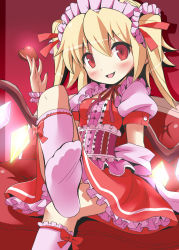 Rule 34 | 1girl, alternate costume, alternate hairstyle, bad id, bad pixiv id, blonde hair, blush, candy, chair, chocolate, chocolate heart, corset, crossed legs, dress, embellished costume, embodiment of scarlet devil, enmaided, fang, feet, female focus, flandre scarlet, food, givuchoko, hair ribbon, hairband, heart, highres, leg up, maid, maid headdress, no shoes, open mouth, outstretched leg, red dress, red eyes, red skirt, revision, ribbon, sitting, skirt, smile, socks, solo, touhou, twintails, valentine, white socks, wings, wrist cuffs