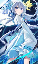 Rule 34 | 1girl, absurdres, arknights, blue eyes, blue hair, blue sash, blurry, blurry foreground, blush, bow, cowboy shot, dress, electricity, frilled sleeves, frills, hair bow, hair ornament, hair over shoulder, highres, leaf, long hair, long sleeves, looking at viewer, moon, mulberry (arknights), mulberry (reflection that of the moons) (arknights), night, open mouth, outdoors, sash, sidelocks, sleeves past fingers, sleeves past wrists, solo, standing, surprised, twintails, white bow, white dress, yunkkker