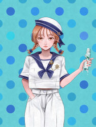 Rule 34 | 1girl, blue background, blue neckerchief, bottle, braid, brown eyes, brown hair, hair bobbles, hair ornament, hand in pants, hat, hat ornament, highres, holding, holding bottle, innertube earrings, looking at viewer, neckerchief, original, pants, ramune, red nails, sailor collar, sailor hat, sailor shirt, shiraco (sgdv2435), shirt, short sleeves, simple background, solo, standing, straight-on, twin braids, twintails, white pants, white shirt