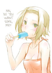 Rule 34 | 1girl, blush, breasts, brown hair, cleavage, female focus, food, hairband, hard-translated, k-on!, multicolored eyes, popsicle, short hair, simple background, solo, sweat, tainaka ritsu, third-party edit, toruneko, translated, upper body, white background