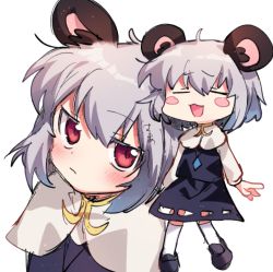 Rule 34 | = =, animal ears, black footwear, blush, capelet, close-up, closed eyes, cookie (touhou), crystal, dowsing rod, dress, frown, grey background, grey dress, grey hair, grey skirt, grey vest, jewelry, layered clothes, long sleeves, looking at viewer, looking to the side, mouse ears, mouse girl, nazrin, nyon (cookie), open mouth, pendant, red eyes, red scarf, relaxing, scarf, shirt, shoes, short hair, simple background, sitting, skirt, skirt set, socks, touhou, vest, white background, white capelet, white shirt, xox xxxxxx