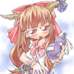 Rule 34 | 1girl, blunt bangs, blush, bow, bowtie, chain, collarbone, cowboy shot, drunk, expressionless, female focus, gourd, hair bow, holding, horns, ibuki suika, jitome, lowres, nyagakiya, ofuda, oni, red bow, red bowtie, solo, touhou, upper body, wrist cuffs