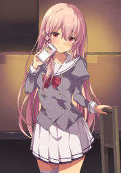Rule 34 | 1girl, cellphone, closed mouth, engage kiss, hair between eyes, hair ornament, highres, holding, holding phone, kisara (engage kiss), long sleeves, looking at viewer, phone, pink hair, puffy long sleeves, puffy sleeves, rasahan, red eyes, sailor collar, school uniform, skirt, smile, solo, standing, white sailor collar, white skirt, x hair ornament
