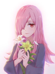 Rule 34 | 10s, 1girl, dress, flower, hair over one eye, highres, kezi, lily (flower), little witch academia, long hair, looking at viewer, pink hair, purple hair, red eyes, simple background, smile, solo, sucy manbavaran, witch
