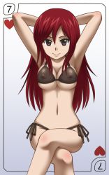 Rule 34 | 1girl, armpits, arms up, awa, bikini, breasts, brown eyes, cleavage, covered erect nipples, crossed legs, erza scarlet, fairy tail, female focus, heart, hip focus, large breasts, legs, long hair, looking at viewer, navel, red hair, simple background, sitting, smile, solo, swimsuit, thighs