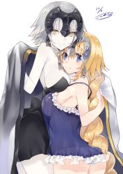 Rule 34 | 2girls, armpits, ass, bare arms, bare shoulders, black dress, blonde hair, blue dress, blue eyes, braid, breast press, breasts, cleavage, closed mouth, collarbone, dress, eyebrows, fate/apocrypha, fate/grand order, fate (series), headpiece, height difference, highres, holding, jeanne d&#039;arc (fate), jeanne d&#039;arc (ruler) (fate), jeanne d&#039;arc alter (avenger) (fate), jeanne d&#039;arc alter (fate), jewelry, kou mashiro, long hair, looking at viewer, looking back, medium breasts, multiple girls, pale skin, panties, see-through, short hair, signature, simple background, single braid, sleeveless, sleeveless dress, smile, strap slip, strapless, strapless dress, underwear, very long hair, white background, white panties, yellow eyes