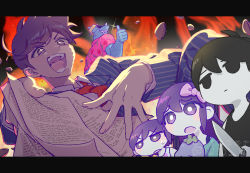 Rule 34 | 1girl, 3boys, aubrey (headspace) (omori), aubrey (omori), black eyes, black hair, bow, bright pupils, closed mouth, colored skin, contract, expressionless, hair bow, hero (headspace) (omori), hero (omori), highres, holding, holding knife, kel (headspace) (omori), kel (omori), knife, letterboxed, long hair, long sleeves, looking at another, multiple boys, necktie, omori, omori (omori), open mouth, pink bow, purple eyes, purple hair, red necktie, scene reference, short hair, tendoshi, twitter username, white pupils, white skin