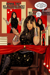 Rule 34 | 1girl, black hair, bodysuit, book, bracelet, chair, character name, dc comics, donna troy, english text, grey eyes, jewelry, long hair, poster (object), shrugging, sitting, sparkle, star (symbol), stjepan sejic, teeth, toon (style), troia