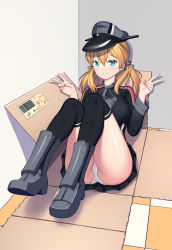 Rule 34 | 1girl, absurdres, anchor, anchor hair ornament, aqua eyes, black skirt, black thighhighs, blonde hair, blush, box, corner, double v, grey background, hair ornament, hat, highres, in box, in container, kantai collection, long hair, microskirt, military, military uniform, panties, peaked cap, pleated skirt, prinz eugen (kancolle), skirt, thighhighs, twintails, underwear, uniform, v, white panties, xiaoxi0619