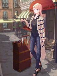 Rule 34 | 1girl, absurdres, apple, arm at side, awning, black shirt, blonde hair, blue eyes, blue pants, blurry, blurry background, chiyuki fujito, day, denim, food, fruit, hand up, high heels, highres, jacket, jeans, jewelry, lamppost, long hair, long neck, luggage, necklace, outdoors, pants, pen, rayu (snowwhite ki), rolling suitcase, runway de waratte, shadow, shirt, smile, solo, standing, suitcase