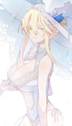 Rule 34 | 1girl, artoria pendragon (all), artoria pendragon (fate), artoria pendragon (lancer) (fate), artoria pendragon (swimsuit ruler) (fate), artoria pendragon (swimsuit ruler) (second ascension) (fate), blonde hair, breasts, cleavage, commentary request, eyelashes, eyes visible through hair, fate/grand order, fate (series), green eyes, hair between eyes, hair ornament, highres, huge breasts, large breasts, long hair, looking at viewer, nogi (acclima), parasol, solo, swimsuit, umbrella