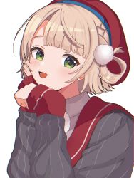 Rule 34 | 1girl, beret, blunt bangs, blush, braid, collared shirt, commentary, cowlick, green eyes, grey jacket, hair ornament, hair rings, hat, head rest, highres, indie virtual youtuber, jacket, light brown hair, long sleeves, looking at viewer, open mouth, pinstripe jacket, pinstripe pattern, pom pom (clothes), pom pom hair ornament, red hat, red sailor collar, sailor collar, school uniform, shigure ui (vtuber), shigure ui (vtuber) (1st costume), shirt, short hair, side braid, simple background, smile, solo, striped clothes, striped jacket, suzu (pixiv71259142), swept bangs, upper body, vertical-striped clothes, vertical-striped jacket, virtual youtuber, white background, white shirt