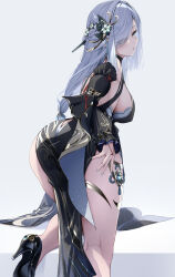 Rule 34 | 1girl, absurdres, ass, bent over, black dress, black footwear, blue eyes, blue nails, blush, breasts, closed mouth, commentary, detached sleeves, dress, eyes visible through hair, flower, flower knot, foot out of frame, frilled sleeves, frills, from behind, genshin impact, gold trim, grey background, grey hair, hair flower, hair ornament, hair over one eye, high heels, highres, kneepits, long hair, looking at viewer, looking back, medium breasts, nail polish, official alternate costume, pelvic curtain, shenhe (frostflower dew) (genshin impact), shenhe (genshin impact), sideboob, sideless dress, simple background, sleeveless, sleeveless dress, solo, standing, standing on one leg, tassel, tassel hair ornament, thighs, tol10131, vision (genshin impact)