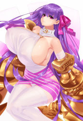 Rule 34 | 1girl, bare shoulders, blush, bow, breasts, claws, collar, covered erect nipples, fate/extra, fate/extra ccc, fate/grand order, fate (series), hair ribbon, hayama kazusa, highres, huge breasts, long hair, looking at viewer, passionlip (fate), passionlip (third ascension) (fate), purple eyes, purple hair, revision, ribbon, solo, thighs, very long hair