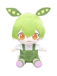 Rule 34 | blush stickers, brooch, buttons, character doll, commentary request, fumo (doll), green footwear, green hair, green shorts, green suspenders, highres, jewelry, no humans, no sclera, okepi, orange eyes, pink ribbon, ribbon, shorts, suspender shorts, suspenders, v-shaped eyebrows, voicevox, white background, zundamon