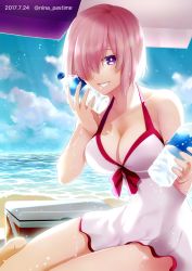 Rule 34 | 2017, :d, artist name, barefoot, battle, beach, blue sky, bottle, breasts, cleavage, cloud, collarbone, dated, day, dress, fate/grand order, fate (series), hair over one eye, holding, holding bottle, large breasts, looking at viewer, mash kyrielight, mash kyrielight (swimsuit of perpetual summer), naval battle, nina (pastime), ocean, official alternate costume, one-piece swimsuit, open mouth, outdoors, pink hair, purple eyes, short dress, short hair, sky, sleeveless, sleeveless dress, smile, solo, swimsuit, white dress, white one-piece swimsuit